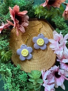 Handmade Polymer Clay Gold Colored Purple & Yellow Smiley Face Flower Earrings
